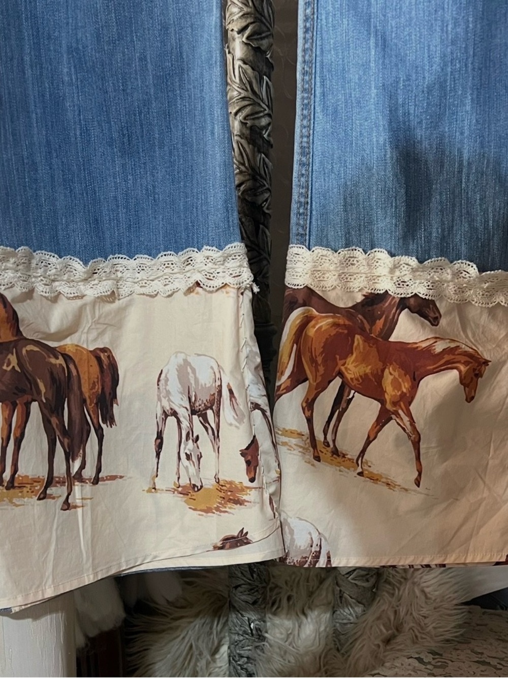 Upcycled Light Blue Flare Jeans with Horse Patch & Lace Trim - Picture 9 of 11